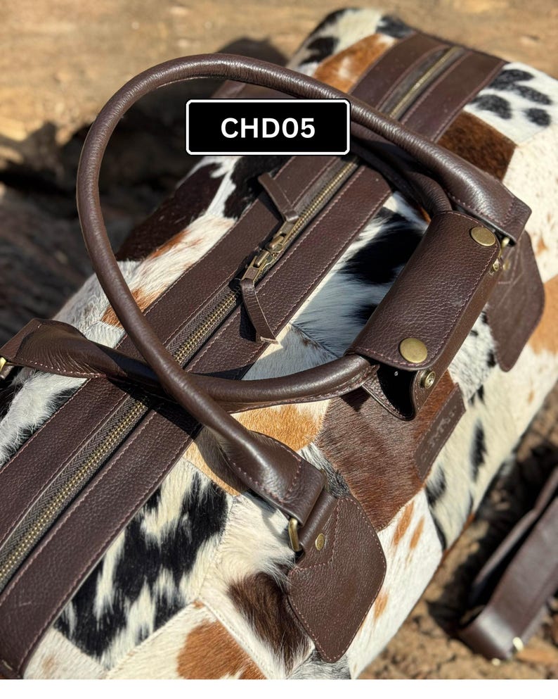 Patchwork Cowhide Duffle Bag, Cow Hide leather weekender bag , Hair on Hide Traveling DuffleBags Gift for Him and Her
