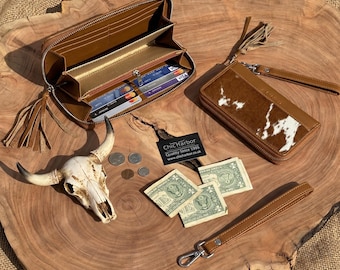 Cowhide Clutch Purse for ladies , Handmade Genuine Wristlet Wallet for Women, Hair on Hide Rustic Western Style wallet gift for her.