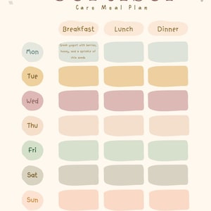 May include: A printable meal planner with the title "Cortisol Care Meal Plan". The planner is divided into three columns: Breakfast, Lunch, and Dinner. Each column has seven rows, one for each day of the week, Monday through Sunday. The planner is designed to help people manage their cortisol levels by providing a framework for healthy eating.