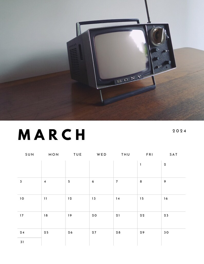 Printable 2024 Calendar Vintage Sony Retro Photo Design, Instant