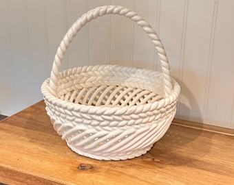 Cestino vintage in ceramica bianca con reticolo, set di spaghetti in corda intrecciata 6x6, stile Mid-Century Grandmillennial Decor