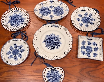 Vintage Cobalt Blue Floral Porcelain Plate Set, Reticulated Wall Decor