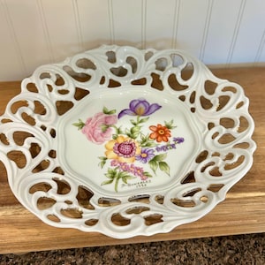 Vintage 1998 Hand Painted Porcelain Open Works Reticulated  Bowl Signed 9”