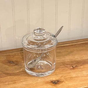 Tarro para condimentos Badash auténtico, hecho a mano, de cristal óptico vintage con cuchara de acero inoxidable.