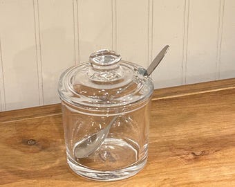 Tarro para condimentos Badash auténtico, hecho a mano, de cristal óptico vintage con cuchara de acero inoxidable.