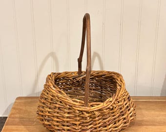 Rustic Hand-Woven Natural Twig Gathering Basket with Bent Branch Handle