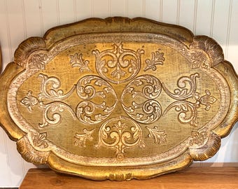 Vintage Italian Resin Tray – Gold Cream Florentine Hollywood Regency Decor