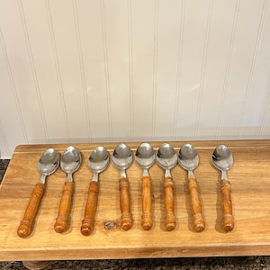Vintage 1970er Jahre Holzgriff Löffel | Mid Century Edelstahl Besteck Set