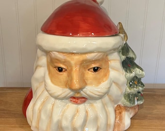 Old World Hand Painted Woodland Santa Bust Ceramic Cookie Jar, 9” Tree Folk Art Farmhouse