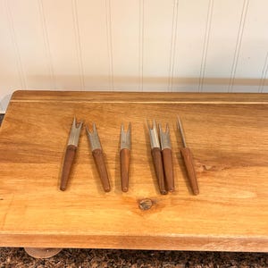 6 Vintage MCM Cocktail Forks Hors D'oeuvre Stainless Dal USA Wooden Handles