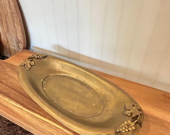 Vintage Oval Brass Serving Dish Tray with Grapes, Andrea by Sadek 1980s