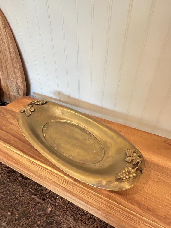 Vintage Oval Brass Serving Dish Tray With Grapes, Andrea by Sadek