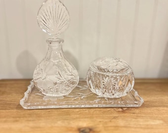 Vintage Princess House Heritage Frosted Floral Crystal 3-Pc Vanity Set W. Germany