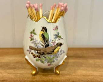 Vintage Limoges Birds Porcelain Three Footed Egg Cup, Gold Accent Match Holder & Striker