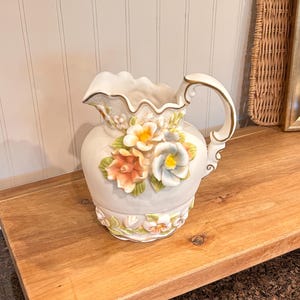 Vintage Hand Painted Bisque Porcelain Floral Pitcher Vase 3D Flowers Gold Trim