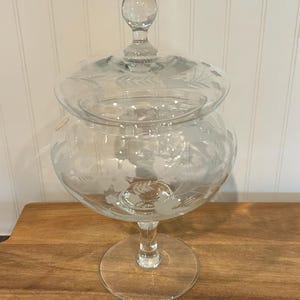 Etched Romanian Crystal Apothecary Jar with Lid - Vintage Candy Dish