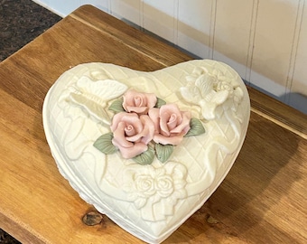 Vintage Ceramic Heart-Shaped Trinket or Jewelry Box with Pink Roses & Green Leaves, Butterflies Quilted Design