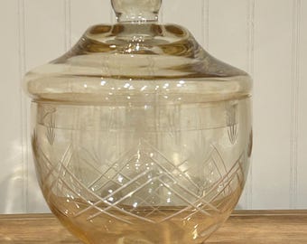 Vintage Amber Etched Pressed Glass Apothecary Jar Lidded Canister Candy Dish Mid-Century