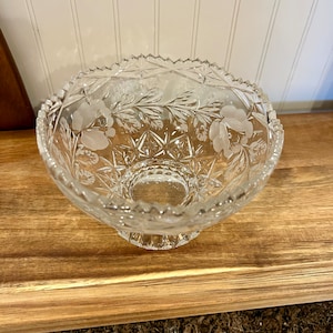 Vintage Imperlux Hand Cut 24% Lead Crystal Footed  Bowl Etched Rose Pattern