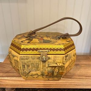 Vintage 1970’s Anton Pieck Wood Box Purse Decoupage Felt Lined Street Scene