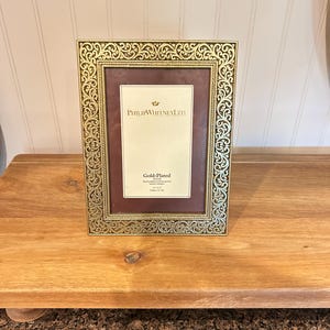 May include: Gold-plated picture frame with ornate scrollwork. The frame has a brown interior mat and the text "PHILIP WHITNEY LTD" is visible. The frame is approximately 13 x 18 cm.