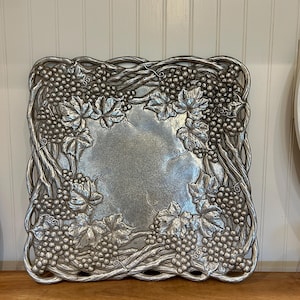 Vtg Arthur Court Grapes & Leaves Handmade 12&quot; Square Aluminum Tray Platter 1993