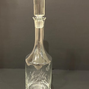 Vintage Etched Glass Wine Decanter with Stopper, Floral Leaf Pattern 15” Tall