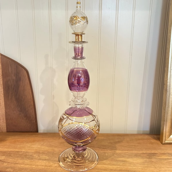 Vintage Purple Gold Trim Blown Glass Hand-Painted Egyptian Perfume Bottle