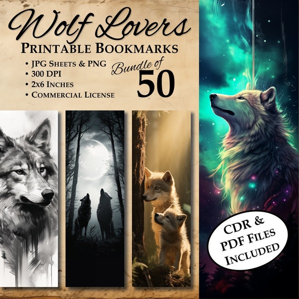 Wolf Lovers Printable Bookmark Bundle Set of 50, Wolves Sublimation Bundle PNG, Aurora Borealis, Northern Lights Wolves gift, Wolf Cliparts