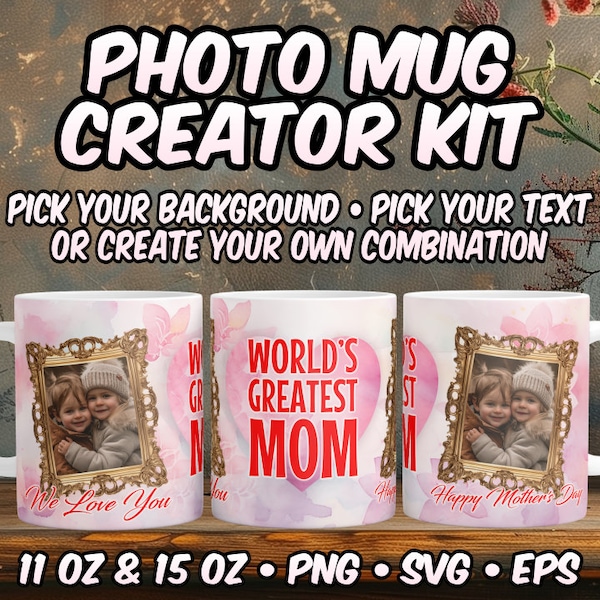 Mothers day personalized family photo wrap template for 11 & 15 oz coffee mug bundle Happy Mothers day gift transparent PNGs Custom DIY kit