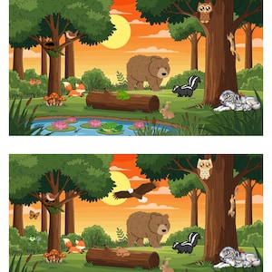 May include: A colorful illustration of a "Spot the Difference" puzzle. The image features two forest scenes with a bear, skunk, and other animals. The text at the top reads "Spot the Difference" and "Find 10 differences between the two scenes."