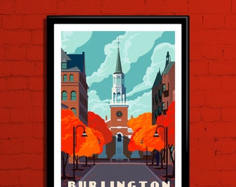 Burlington Vermont Retro Travel Poster, Burlington Travel Print, Burlington VT Wall Art, Burlington Travel Print, Vermont Gift, Autumn art