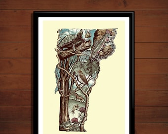 Vermont State Animal Poster, Vermont Animal Print, Vermont Wildlife Poster, Vermont Plants, Vermont Retro Poster, Vermont State Travel Print