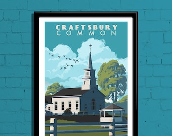 Craftsbury Common Retro Travel Poster, Craftsbury Travel Print, Craftsbury Vermont Wall Art, Craftsbury Vermont Gift, Craftsbury VT Print