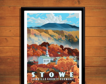 Stowe Vermont Retro Travel Poster, Stowe Travel Print, Stowe VT Wall Art, Stowe Travel Print, Vermont Gift, Autumn art, Fall Travel Poster