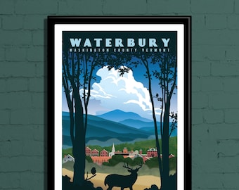 Waterbury Retro Travel Poster, Waterbury Vermont Travel Print, Waterbury Vermont Wall Art, Waterbury VT Gift, Waterbury Vermont Poster