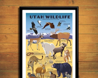 Utah Wildlife Retro Poster, Western Animal Print, Utah Animal Print, Utah Animal Wall Art, Utah Animals Infographic, Wildlife Infographic