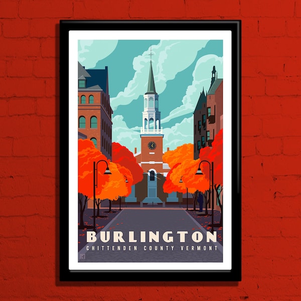 Burlington Vermont Retro Travel Poster, Burlington Travel Print, Burlington VT Wall Art, Burlington Travel Print, Vermont Gift, Autumn art