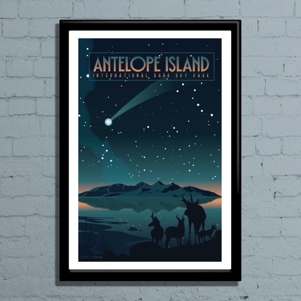 Antelope Island Retro Travel Poster, Antelope Island Travel Print, Antelope Island Wall Art, Constellation Poster, Night Sky Poster,