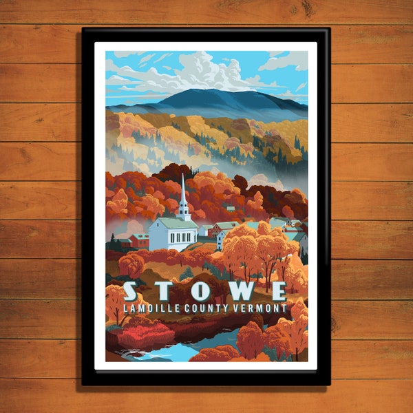 Stowe Vermont Retro Travel Poster, Stowe Travel Print, Stowe VT Wall Art, Stowe Travel Print, Vermont Gift, Autumn art, Fall Travel Poster