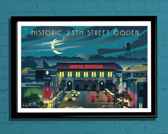 Affiche de voyage Nocturne on 25th Street, affiche OgdenTravel, impression de voyage Ogden, art mural Ogden, affiche Ogden Utah, impression Ogden Utah, art de l'Utah