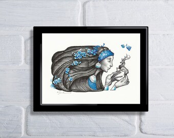 Lady & Stag, Fantasy Illustration, Woodland Illustration, Woman Fantasy Art, Fantasy Art, Lady Illustration, Fantasy Post Card, Stag art