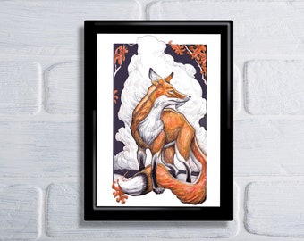Imperial Fox, Fox Wall Art, Fox Print, Fox Art, Fox Drawing, Orange Fall Fox, Fox line art, Fall Woods art, Woodland animal art, Autumn Fox