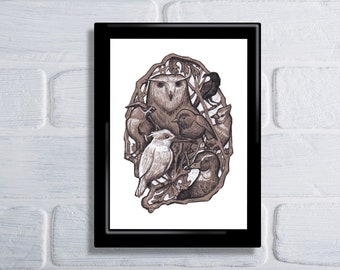 Congress of Birds, Bird Illustration, Pen and Ink Illustration, Owl Print, Kingfisher, Wood Duck, Crow, Bird Print, Bird Wall art, Birds