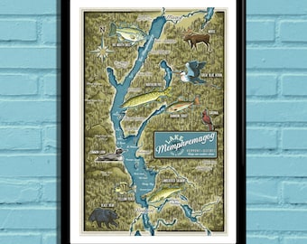 Lake Memphremagog Travel Poster, Lake Memphremagog, Lake Print, Lake Art, Naturalist Art, Lake Animals,  Vermont Poster, Vermont Art