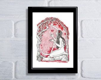 Autumn Muse, Fantasy Illustration, Pen and Ink Illustration, Fall Leaves Print, Female Figure Wall Art, Lady Illustration, Linework Art