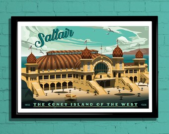 Saltair Retro Travel Poster, Saltair Travel Print, Salt Lake Utah Travel Print, Great Salt Lake Retro Poster, Saltair Wall Art, Utah Art
