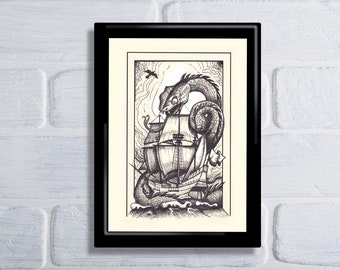Sea Serpent, Sea Monster art, Sailing Ship Art, Sailing Ship Print, Fantasy Art, Sea Serpent Print, Ship and Sea Monster, Sea Serpent Art