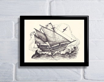Sailing Ship Print, Ship art, Sailing Ship Art, Sailing Ship Wall Art, Fantasy Art, Ship at Sea, Nautical Art, Sail Ship, Ship Illustration