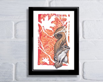 Squirrel in Autumn, Squirrel Print, Woodland Print, Fall Squirrel, Fall Leaves and Squirrel, Squirrel Print, Ratatoskr, Norse mythology,